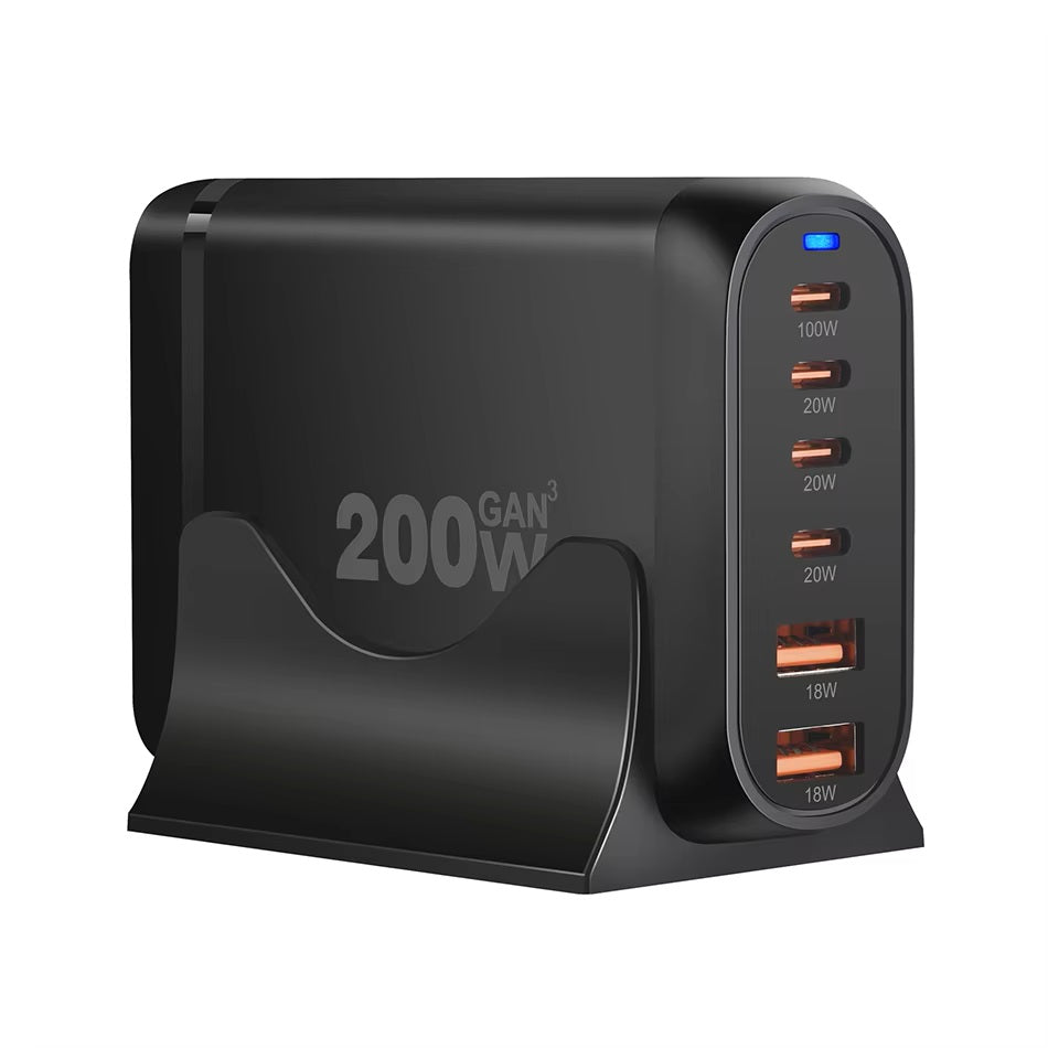 200 W 6-Port GaN III Charger for Notebook Computers and Smart Devices - 2 Colours x Type F and G Plugs (Tax-Free and Free Shipping)