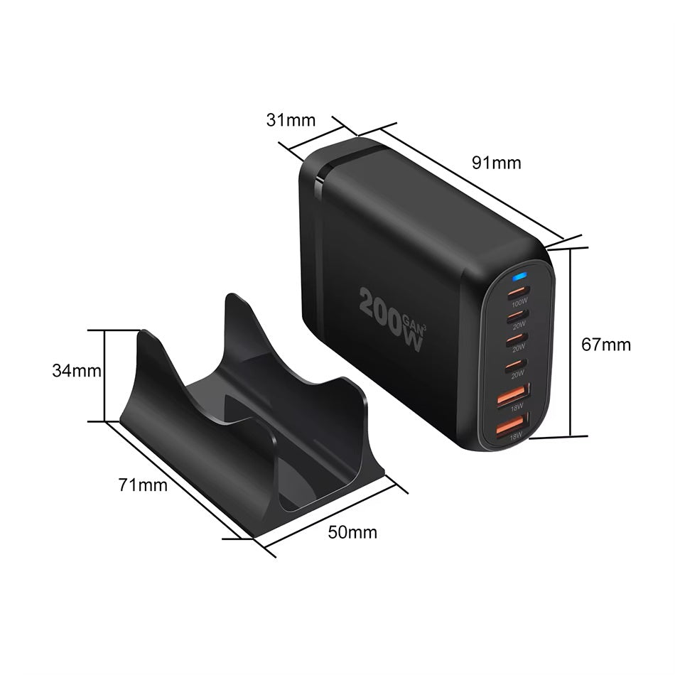 200 W 6-Port GaN III Charger for Notebook Computers and Smart Devices - 2 Colours x Type F and G Plugs (Tax-Free and Free Shipping)