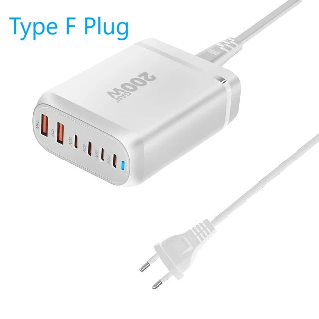 200 W 6-Port GaN III Charger for Notebook Computers and Smart Devices - 2 Colours x Type F and G Plugs (Tax-Free and Free Shipping)