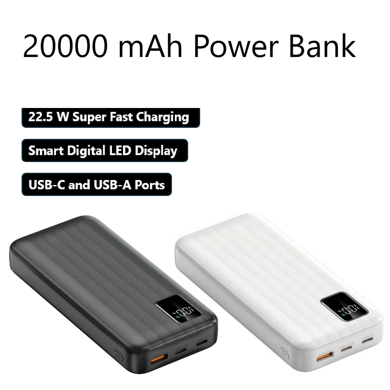 20000 mAh Power Bank with Smart Digital Display – 22.5 W Super Fast Charging - 2 Colours (Tax-Free and Free Shipping)