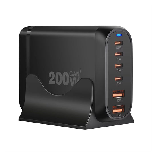 200 W 6-Port GaN III Charger for Notebook Computers and Smart Devices - 2 Colours x Type F and G Plugs (Tax-Free and Free Shipping)