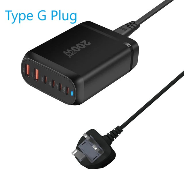 200 W 6-Port GaN III Charger for Notebook Computers and Smart Devices - 2 Colours x Type F and G Plugs (Tax-Free and Free Shipping)