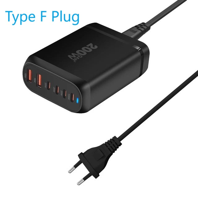 200 W 6-Port GaN III Charger for Notebook Computers and Smart Devices - 2 Colours x Type F and G Plugs (Tax-Free and Free Shipping)