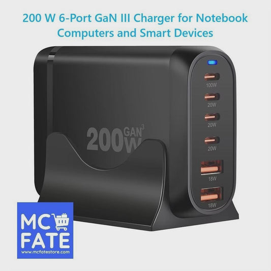 200 W 6-Port GaN III Charger for Notebook Computers and Smart Devices - 2 Colours x Type F and G Plugs (Tax-Free and Free Shipping)